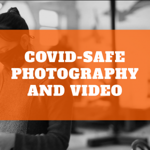 Header image for the Covid-Safe photography and video blog showing a female photographer wearing a mask.